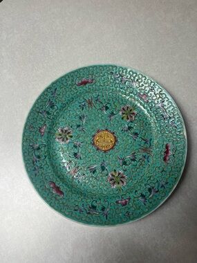 Vintage Chinese Mun Shou Jingdezhen Turquoise Famille Rose pattern tea plate